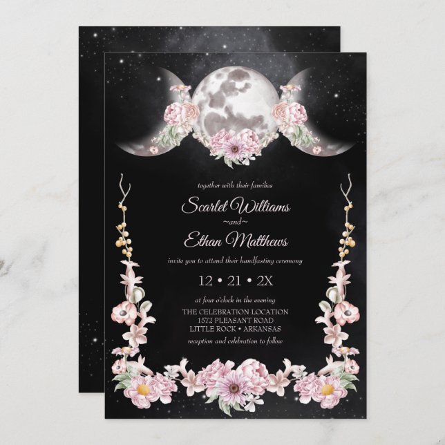 Pink Floral Triple Moon Goddess Magic Handfasting Invitation (Front/Back)
