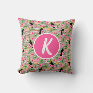 Pink Floral Tropical Bird Monogram Throw Pillow