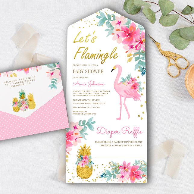 Pink Floral Tropical Flamingo Luau Baby Shower All In One Invitation (Creator Uploaded)