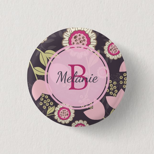 Pink Floral Tulip Pattern Monogram 1 Inch Round Button (Front)