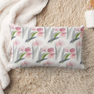Pink Floral Tulips Sage Green Leaves White Lumbar Pillow