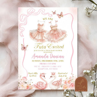 Pink Floral Twins Ballerina Tutu Baby Girl Invitation