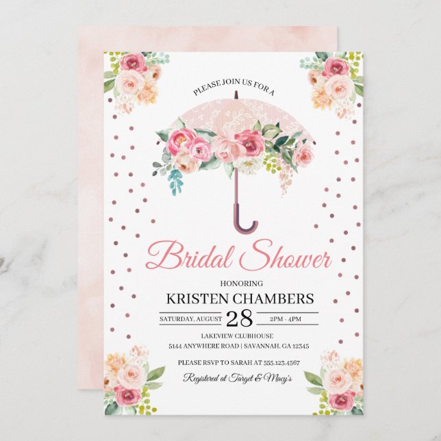 Pink Floral Umbrella Bridal Shower Invitation (Front/Back)