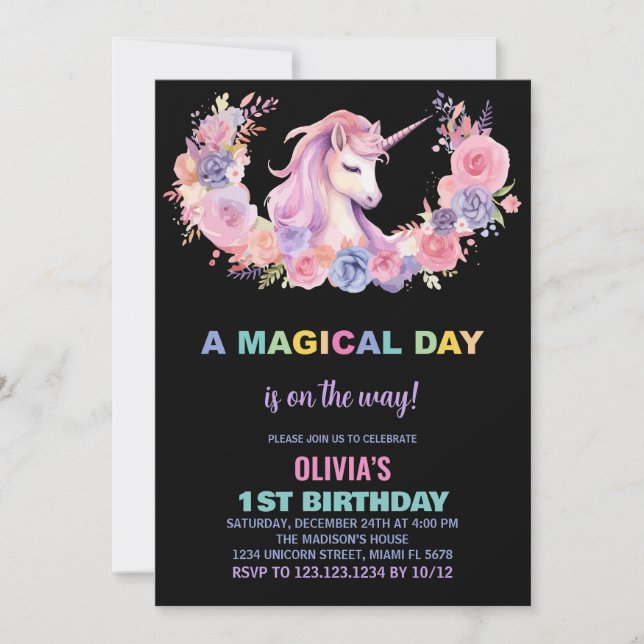 Pink Floral Unicorn Birthday Invitations (Front)
