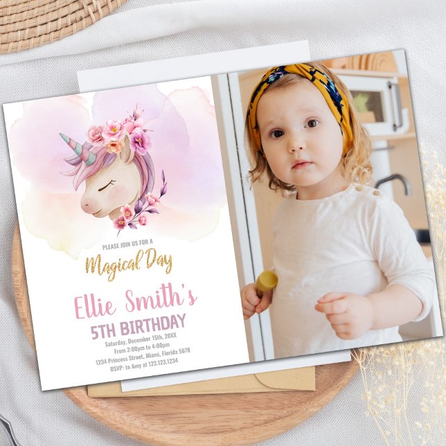 Pink Floral Unicorn Birthday Invitations w photo (Pink Floral Unicorn Birthday Invitations w photo)