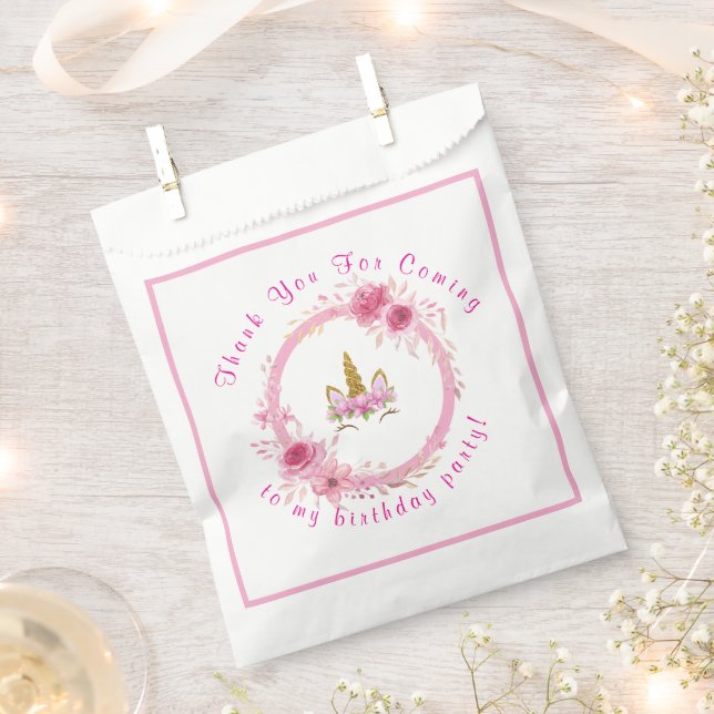 Pink Floral| Unicorn Birthday Party Favour Bag (Clipped)