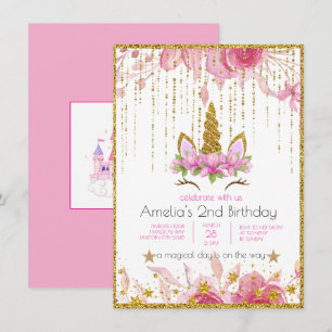 Pink Floral  Unicorn Birthday Party Invitation