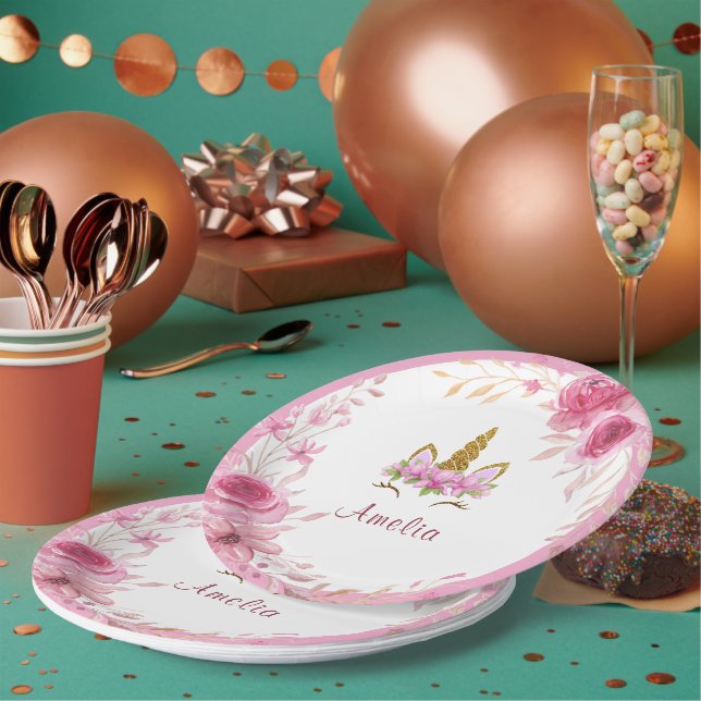 Pink Floral| Unicorn Birthday Party Paper Plate (Multi)