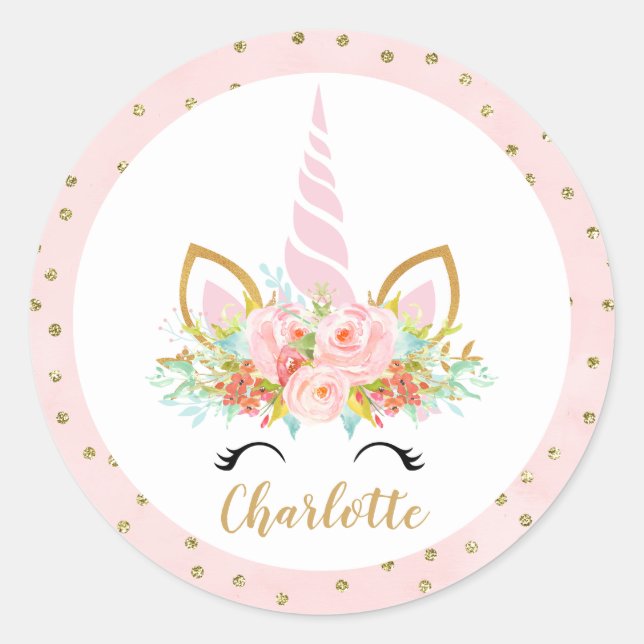 Pink Floral Unicorn Face Birthday Favor Sticker (Front)