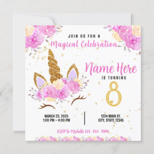 Pink Floral Unicorn Gold Glitter Birthday Invitation