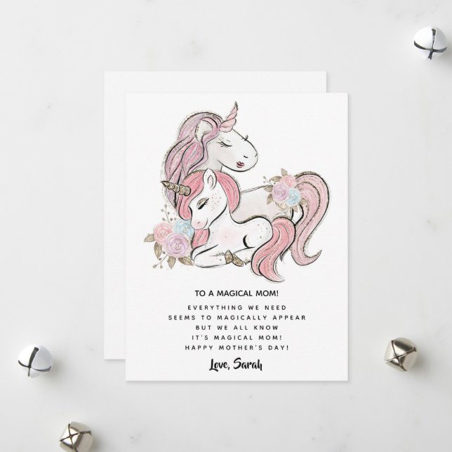 Pink Floral Unicorn  Mothers Day Card (Front/Back In Situ)