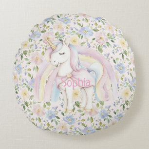 Pink Floral Unicorn Rainbow Round Pillow