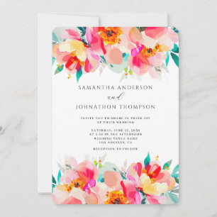 Pink Floral Vibrant Watercolor Wedding  Invitation