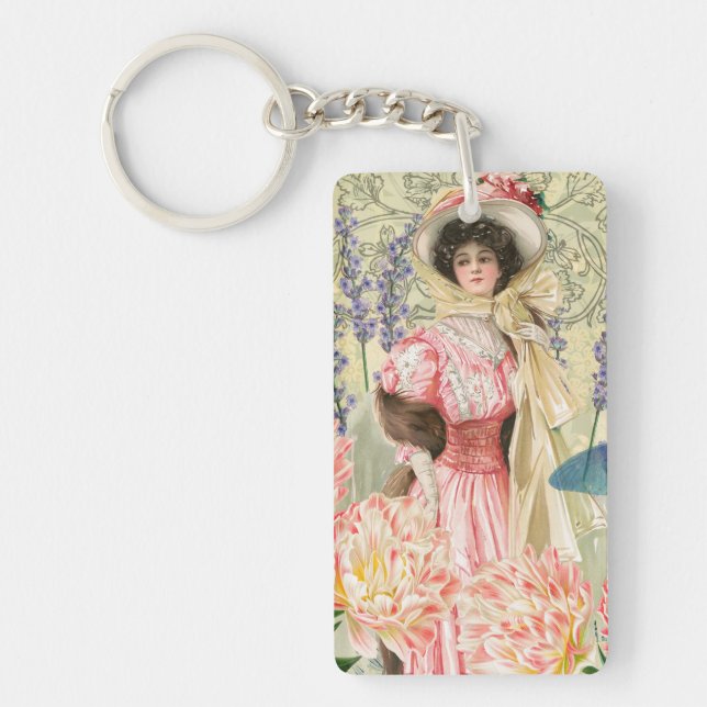 Pink Floral Victorian Woman Regency Keychain (Front)
