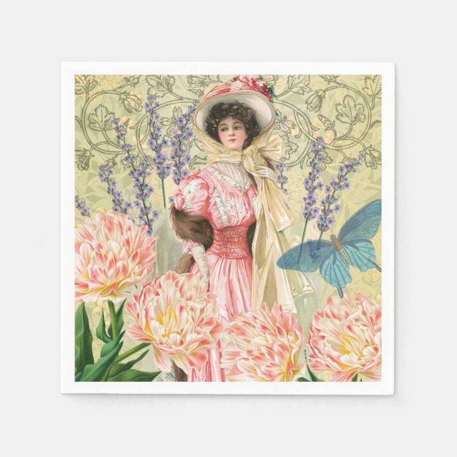 Pink Floral Victorian Woman Regency Napkin (Front)
