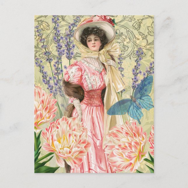 Pink Floral Victorian Woman Regency Postcard (Front)