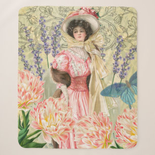 Pink Floral Victorian Woman Regency Sherpa Blanket