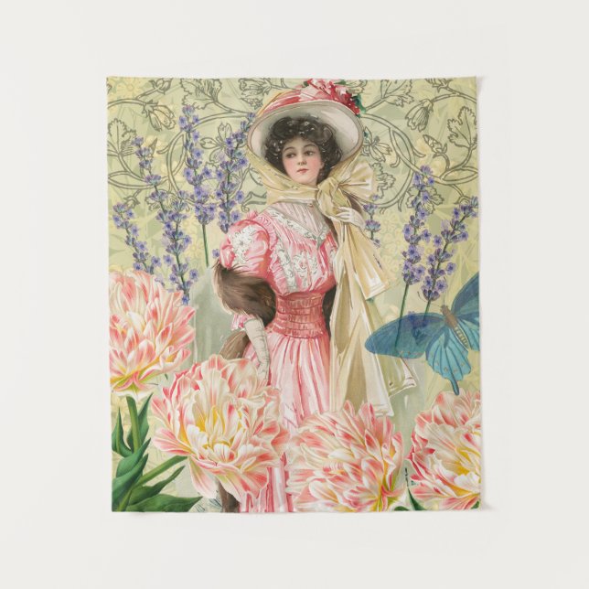 Pink Floral Victorian Woman Regency Tapestry (Front)
