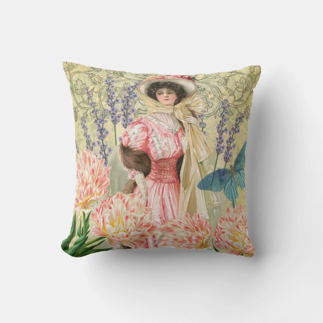 Pink Floral Victorian Woman Regency Throw Pillow (Front)