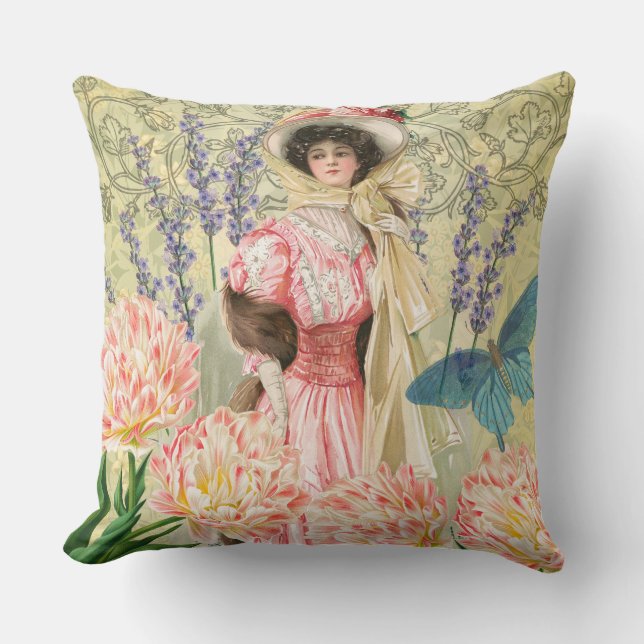 Pink Floral Victorian Woman Regency Throw Pillow (Front)