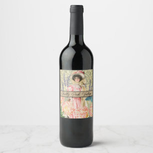 Pink Floral Victorian Woman Regency Wine Label