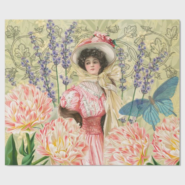 Pink Floral Victorian Woman Regency Wrapping Paper (Flat)