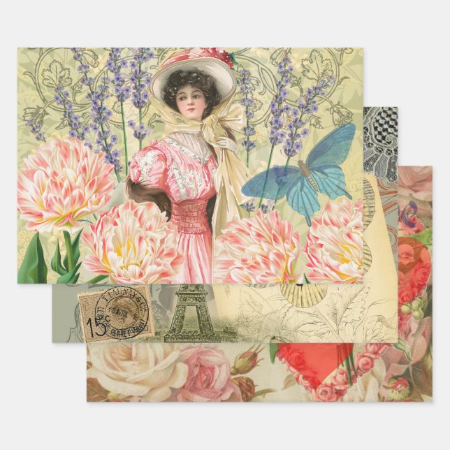 Pink Floral Victorian Woman Regency Wrapping Paper Sheet (Set)