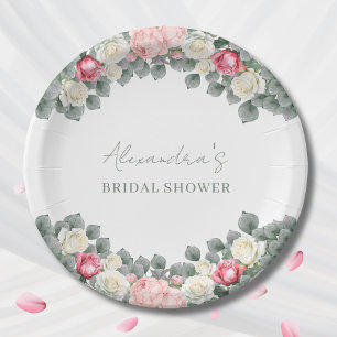 Pink Floral Vintage Garden Roses Bridal Shower Paper Plate