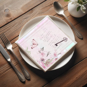 Pink Floral Vintage Handwriting Ephemera Decoupage Napkin