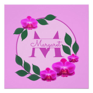 Pink floral vintage personalized name initial poster
