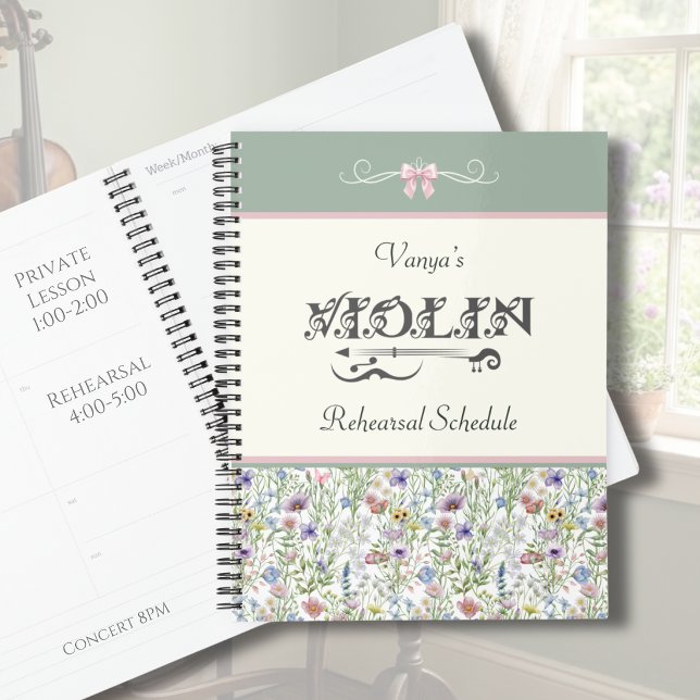 Pink Floral Violin Rehearsal Planner | Sage Green (Personalized Violin Rehearsal Planner | Enchanted Meadow Pink Floral Aesthetic | Custom Gift)