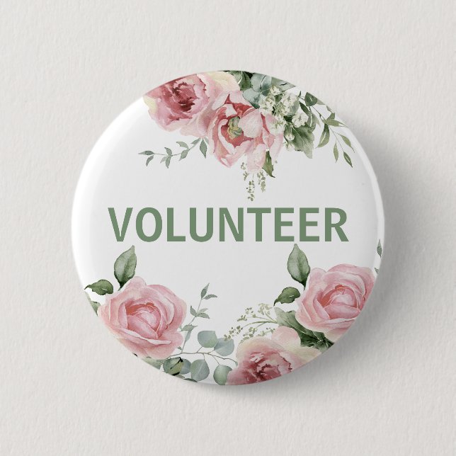 Pink Floral Volunteer  2 Inch Round Button (Front)