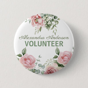 Pink Floral Volunteer  2 Inch Round Button