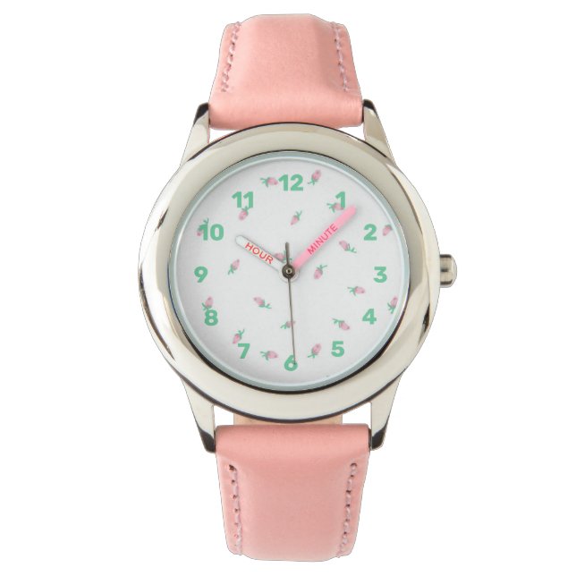 Pink floral watch for Kids - Pastel  (Front)