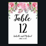 Pink Floral Water Colour Wedding Table Number Card<br><div class="desc">Pink watercolor flowers create a beautiful top border. Table and the wedding couple names are written in a modern flowing script font. The table number and wedding date are written in a simple and elegant font. Very easy to customize.</div>