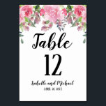 Pink Floral Water Colour Wedding Table Number Card<br><div class="desc">Pink watercolor flowers create a beautiful top border. Table and the wedding couple names are written in a modern flowing script font. The table number and wedding date are written in a simple and elegant font. Very easy to customize.</div>