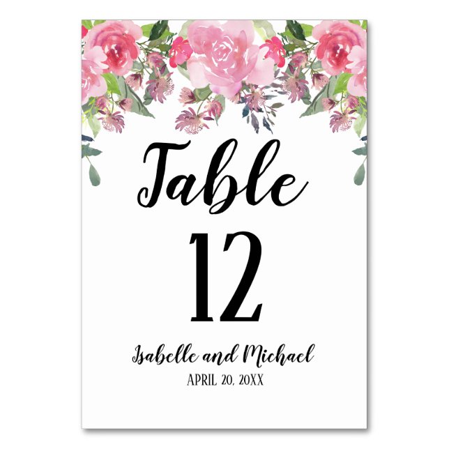 Pink Floral Water Colour Wedding Table Number Card (Front)