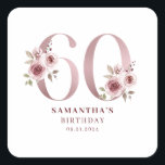 Pink Floral Watercolor 60th Birthday  Square Sticker<br><div class="desc">Pink floral watercolor 60th birthday square sticker. Easy to change the text. Pretty watercolor floral.</div>