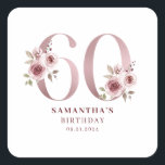 Pink Floral Watercolor 60th Birthday  Square Sticker<br><div class="desc">Pink floral watercolor 60th birthday square sticker. Easy to change the text. Pretty watercolor floral.</div>
