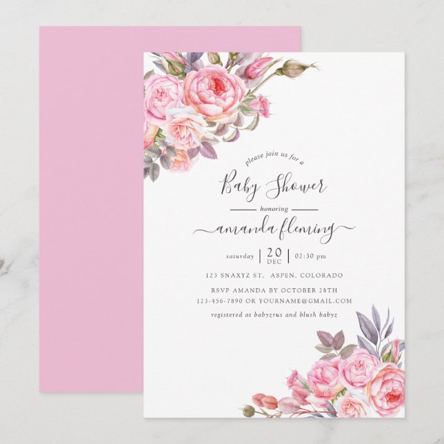 Pink Floral Watercolor Baby Shower Invitation (Front/Back)