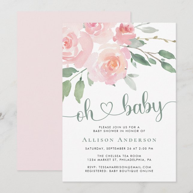 Pink Floral Watercolor Baby Shower Invitation (Front/Back)