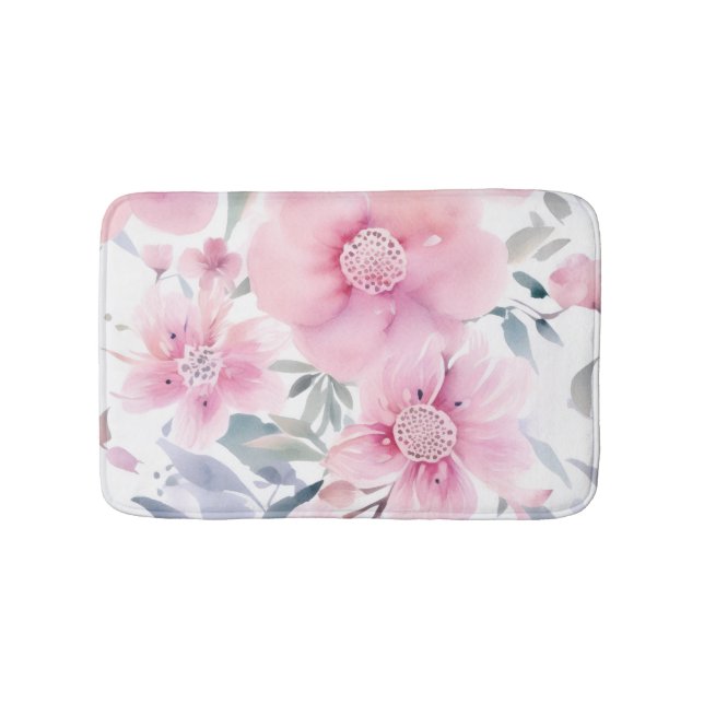 Pink Floral Watercolor  Bath Mat (Front)