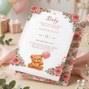 Pink Floral Watercolor Bear with Balloon Invitation