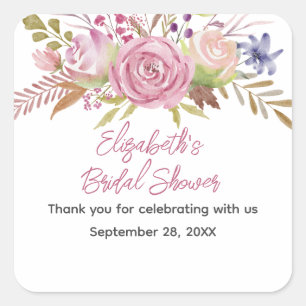 Pink Floral Watercolor Botanical Bridal Shower  Square Sticker
