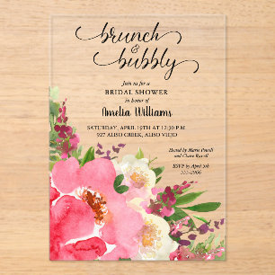 Pink Floral Watercolor Bridal Shower Acrylic Invitations