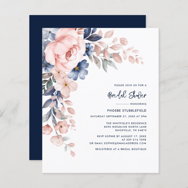 Pink Floral Watercolor Bridal Shower Invitation (Front/Back)