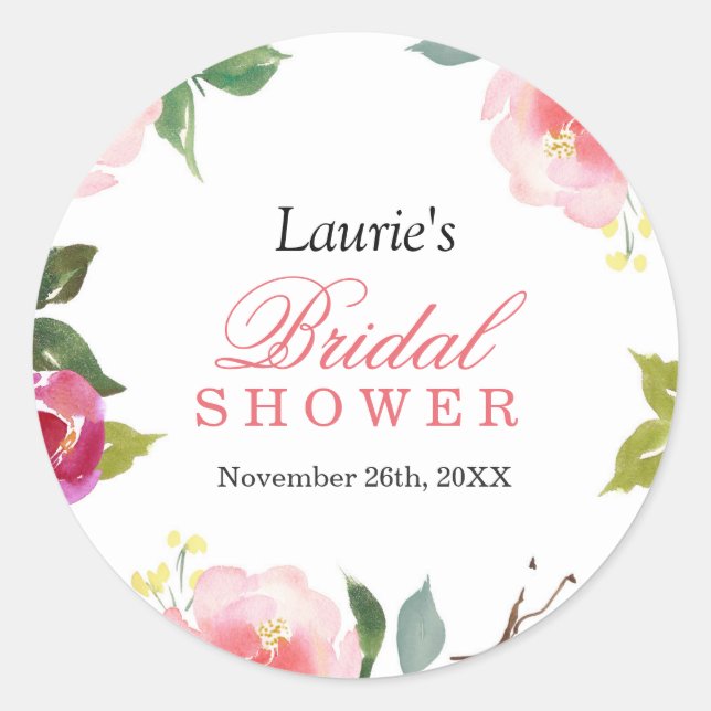 Pink Floral Watercolor Bridal Shower Sticker (Front)