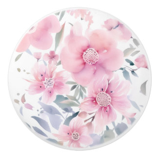 Pink Floral Watercolor Ceramic Knob