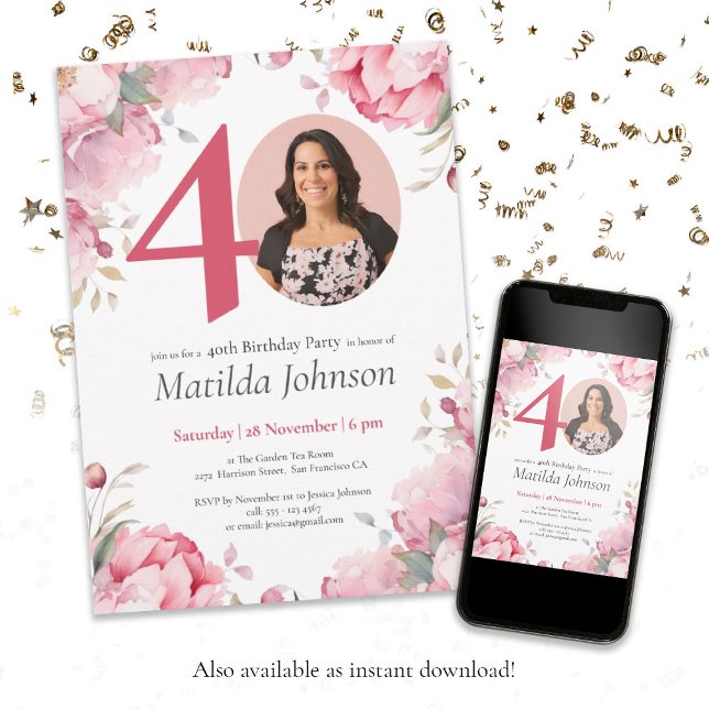 Pink Floral Watercolor Custom Photo 40th Birthday Invitation (40th Birthday Pink Floral Watercolor Custom Photo Invitation)