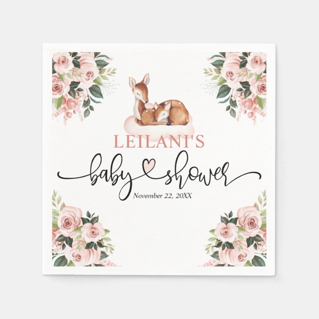 Pink Floral Watercolor Deer Baby Shower Napkin (Front)